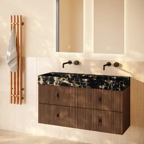 Muebles Murcia badmeubel ribbelfront 120cm walnoot met Portoro Gold wastafel zonder kraangaten