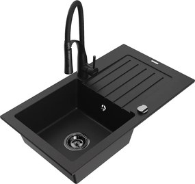 Mexen Pablo granieten spoelbak 1-bak met afdruiprek en keukenmengkraan Aster, zwart - 6510-77-73450-70-B