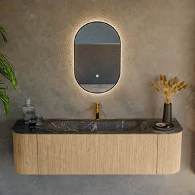 Mondiaz Kurve-dlux 160cm badmeubel ronding links/rechts oak met 1 lade en 2 deuren en wastafel big medium midden 1 kraangat lava