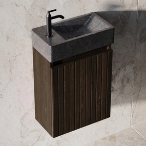 Fontana Recto toiletmeubel ribbelfront kasteel bruin 40x22cm met natuurstenen fontein links