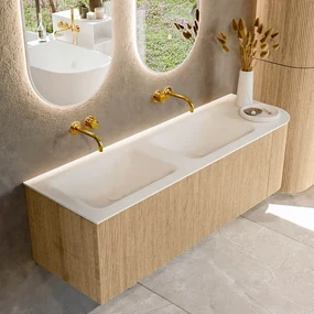 Mondiaz Kurve 145cm badmeubel ronding rechts oak met 1 lade en deur en wastafel cloud dubbel/links zonder kraangat