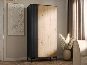 Kledingkast Etrfelu 107, Artisan eiken, Zwart, 184x90x55cm, 72.55 kg, Kledingkast deuren: Met scharnieren