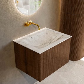 Mondiaz Kurve-dlux 60cm badmeubel walnut met 1 lade en wastafel cloud midden zonder kraangat glace