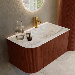 Mondiaz Kurve-dlux 85cm badmeubel ronding links ruby met 1 lade en deur en wastafel cloud kraangat rechts glace