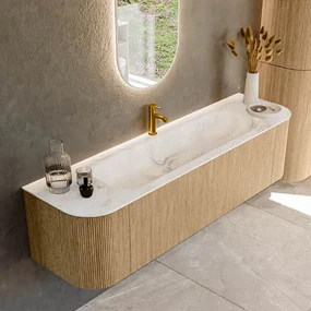 Mondiaz Kurve-dlux 170cm badmeubel ronding links/rechts oak met 1 lade en 2 deuren en wastafel big large midden 1 kraangat frappe