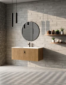 Muebles Raya badmeubel ribbelfront 100cm warm eiken met witte wastafel met kraangat