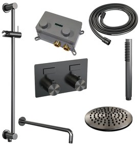 Brauer Gunmetal Carving thermostatische inbouw regendouche met staafhanddouche, gebogen muurarm, glijstang en hoofddouche 20cm set 63 gunmetal geborsteld PVD