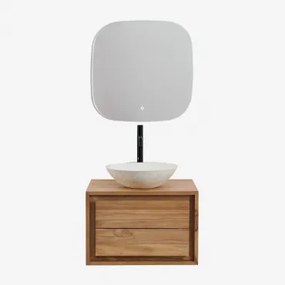 Jabari Teakhouten Badkamermeubelset Teakhout & Rond Cement Wit Ø40 Cm Zavion & Vierkant Led En Anticondens 75x75 Cm Riben & Zwart - Sklum