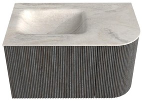 Mondiaz Kurve-dlux 75cm badmeubel ronding rechts shadow met 1 lade en deur en wastafel grunne links zonder kraangat ostra