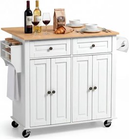 VEVOR Keukeneilandtrolley met 2 lades en 4 deuren, verrijdbaar keukeneiland, wit, keukentrolley met kruidenrek, handdoekrek en uitklapbaar werkblad (900 x 395 x 15 mm) voor eetkamer, serveerwagen
