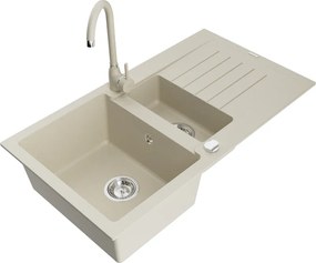 Mexen Matias granitische spoelbak 1,5-kompartiment met afdruiprek en keukenkraan Telma, beige - 6502-69-670200-69