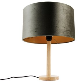 Tafellamp hout met velours kap groen 35cm - Mels Klassiek / Antiek, Landelijk E27 rond Binnenverlichting Lamp