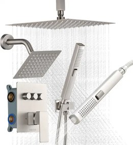 VEVOR Douchesysteemset inclusief 10 inch regendouchesysteem / 6 inch wandmontagekop / 2-in-1 handdouche, draaibare dubbele regenkop (3 functies), messing klep en afwerkingsset, geborsteld nikkel