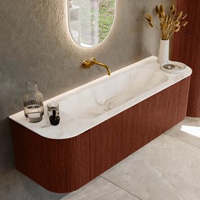 Mondiaz Kurve-dlux 150cm badmeubel ronding links/rechts ruby met 1 lade en 2 deuren en wastafel big medium midden zonder kraangat frappe