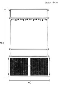 Muur Wijnrek Zwart Met Rotan - 60x18x100cm.