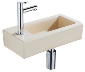 QeramiQ Fuente Fonteinset - 37.5x18.5x9cm - keramiek - kraangat links - fonteinkraan chroom - afvoerplug - verlaagd sifon - Mat Beige SW1122452/SW696209/SW696219/SW696234
