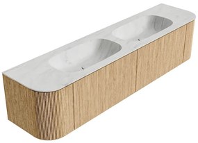 Mondiaz Kurve-dlux 190cm badmeubel ronding links/rechts oak met 2 lades en deuren en wastafel stor small dubbel zonder kraangat opalo