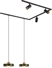 Modern railsysteem zwart met 2 hanglampen groen en 3 spots 1-fase - Iconic Jeana Luxe Jina