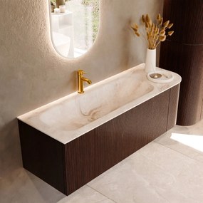 Mondiaz Kurve-dlux 135cm badmeubel ronding rechts ruby met 1 lade en deur en wastafel big medium kraangat links frappe
