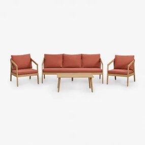 Tuinset Met 3-zitsbank, 2 Fauteuils En Salontafel In Acaciahout En Gevlochten Touw Kaela Rode Dakpan & Lichte Acaciekleur - Sklum