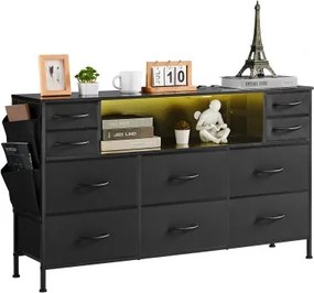 VEVOR stoffen ladekast met 10 lades, opbergkast met open opbergplank, led-verlichting en geïntegreerd stopcontact, opbergtoren voor slaapkamer, gangkast, zwart