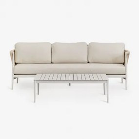 Tuinset Met 3-zitsbank In Bouclé Stof En Rechthoekige Salontafel 120x70 Cm In Sereilen Aluminium Gardenia Wit - Sklum