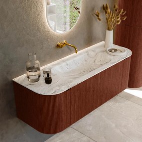 Mondiaz Kurve-dlux 130cm badmeubel ronding links/rechts ruby met 1 lade en 2 deuren en wastafel big small midden zonder kraangat glace