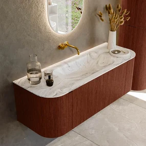 Mondiaz Kurve-dlux 130cm badmeubel ronding links/rechts ruby met 1 lade en 2 deuren en wastafel big small midden zonder kraangat glace