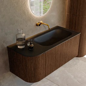 Mondiaz Kurve 105cm badmeubel ronding links walnut met 1 lade en deur en wastafel big small rechts zonder kraangat urban