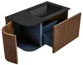 Mondiaz Kurve 85cm badmeubel ronding links walnut met 1 lade en deur en wastafel cloud rechts zonder kraangat urban