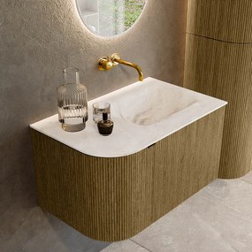 Mondiaz Kurve-dlux 75cm badmeubel ronding links dusk met 1 lade en deur en wastafel grunne rechts zonder kraangat frappe