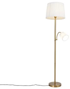 Klassieke vloerlamp brons stoffen kap wit met leeslamp - Retro