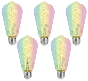 Set van 5 Smart E27 dimbare LED lampen ST64 helder RGBW 4W 250 lm 2700K