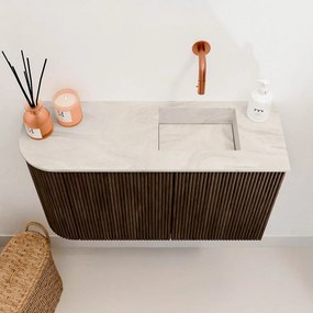 Mondiaz Joya DLux 70cm toiletmeubel ronding links walnut met wastafel faye rechts zonder kraangat ostra