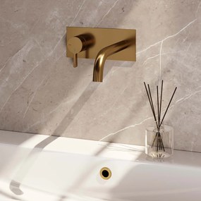 Brauer Gold Edition ColdStart wastafelkraan inbouw gebogen uitloop met achterplaat model E2 geborsteld messing PVD