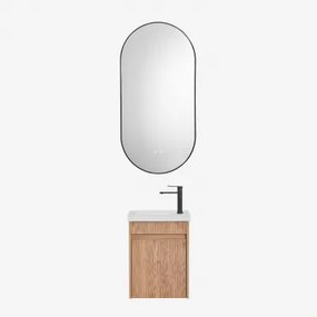 Narek Zwevend Houten Badkamermeubelset Met Geïntegreerde Wastafel Ash Brown & Ovale Led En Anticondens Zwart 50x100 Cm Asteiro & Mat Zwart ?20 Cm -