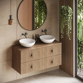 Muebles Mairi badmeubel ribbelfront 120cm warm eiken met witte waskom