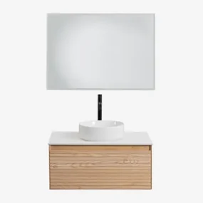 Tedrik Badkamermeubelset In Essenhout Ash Brown & Rond Keramiek Wit Ø40 Cm Lenka & Rechthoekige Led En Anticondens 100x70 Cm Tamsin & - Sklum