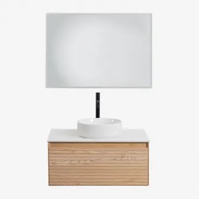 Tedrik Zwevend Badkamermeubelset Van Essenhout Ash Brown & Rond Keramiek Wit Ø40 Cm Lenka & Rechthoekige Led En Anticondens 100x70 Cm - Sklum