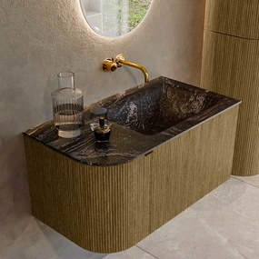 Mondiaz Kurve-dlux 85cm badmeubel ronding links dusk met 1 lade en deur en wastafel cloud rechts zonder kraangat lava