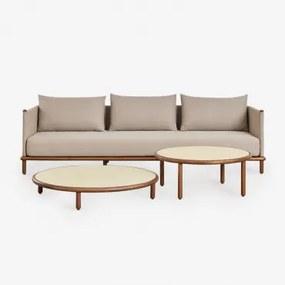 Woonkamer Set Met 3-zitsbank En 2 Ronde Salontafels Van Acaciahout Olivia Beige - Semoline & Donker Acaciabruin - Sklum