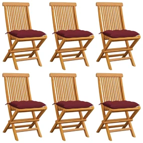 vidaXL Tuinstoelen 6 st met wijnrode kussens massief teakhout