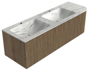 Mondiaz Kurve-dlux 145cm badmeubel ronding rechts dusk met 1 lade en deur en wastafel leaf dubbel/links 2 kraangaten opalo