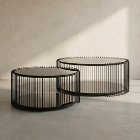 Ronde Salontafel Set Met Glasplaat Zwart - 69.5 X 69.5cm.