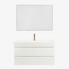 Badkamermeubelset Van Hout En Essenhoutfineer Met Geïntegreerde Wastafel Ona Wit & Rechthoekige Led En Anticondens 100x70 Cm Tamsin - Sklum