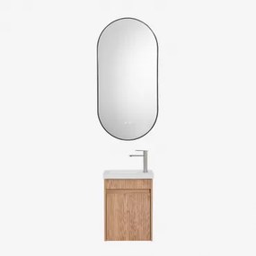 Narek Zwevend Houten Badkamermeubelset Met Geïntegreerde Wastafel Ash Brown & Ovale Led En Anticondens Zwart 50x100 Cm Asteiro & Geborsteld Grijs -