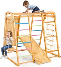 VEVOR Indoor Speeltuin Klimrek (7-in-1) gemaakt van hout, draagvermogen 113 kg. Montessori klimspeelset met schommel/klimrek/glijbaan/houten ladder/touwladder/klimnet/rots.