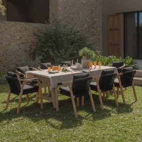 Set Van Rechthoekige Tafel 200-260-320x100 Cm Uitschuifbaar En 8 Tuinstoelen Met Armleuningen Van Acaciahout Dubai Rustiek Acaciabruin & Stof Grijs –
