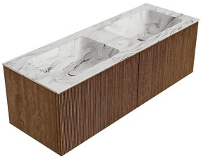 Mondiaz Kurve-dlux 130cm badmeubel walnut met 2 lades en wastafel leaf dubbel 2 kraangaten glace