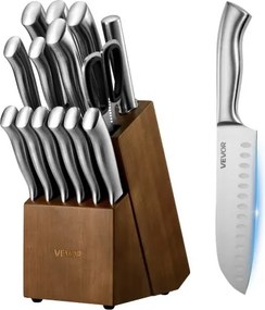 VEVOR Keukenmessenset met messenblok (hout) en slijpstaaf, 15-delige messenset van scherpe messen van hoogwaardig roestvrij staal, keukengerei met ergonomische handgreep, voor hobbykoks.